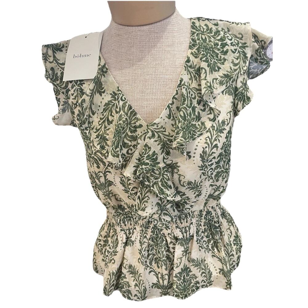Bohme Beige Botanical Green Floral Print Flutter Sleeve Ruffle Neck Blouse Boho
